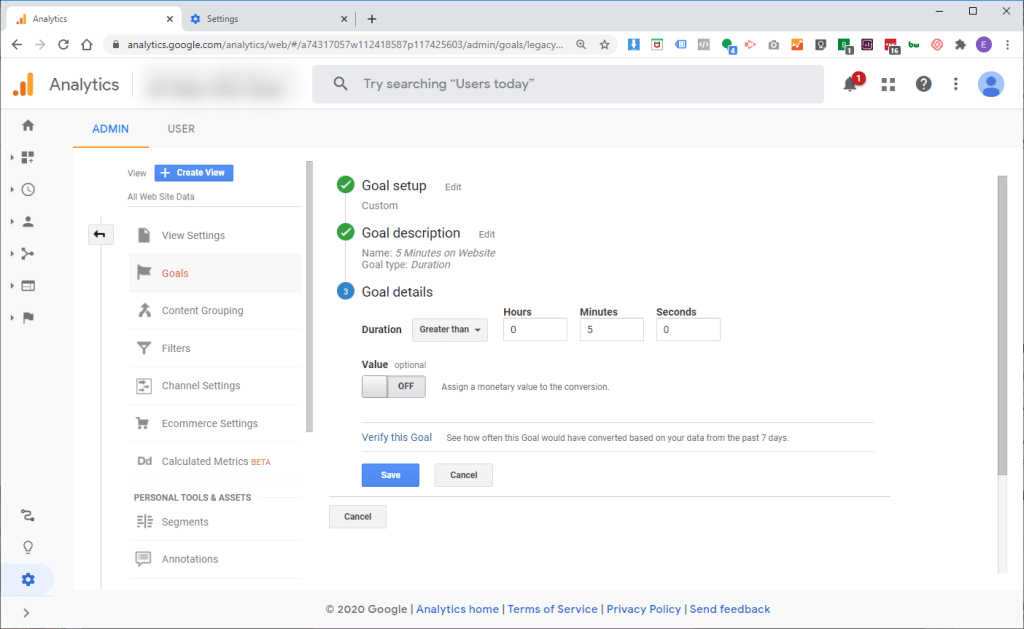 Google Analytics Duration Goal Example