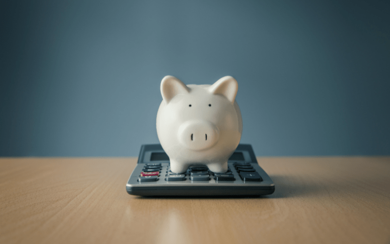 A piggy bank and calculator representing a digital marketing budget